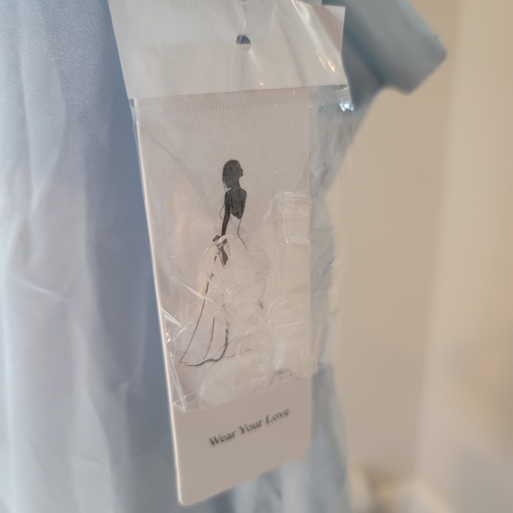 NWT Wear Your Love Light Blue Satin Off Shoulder Mini Dress Clear Straps Size 4 - Picture 2 of 6